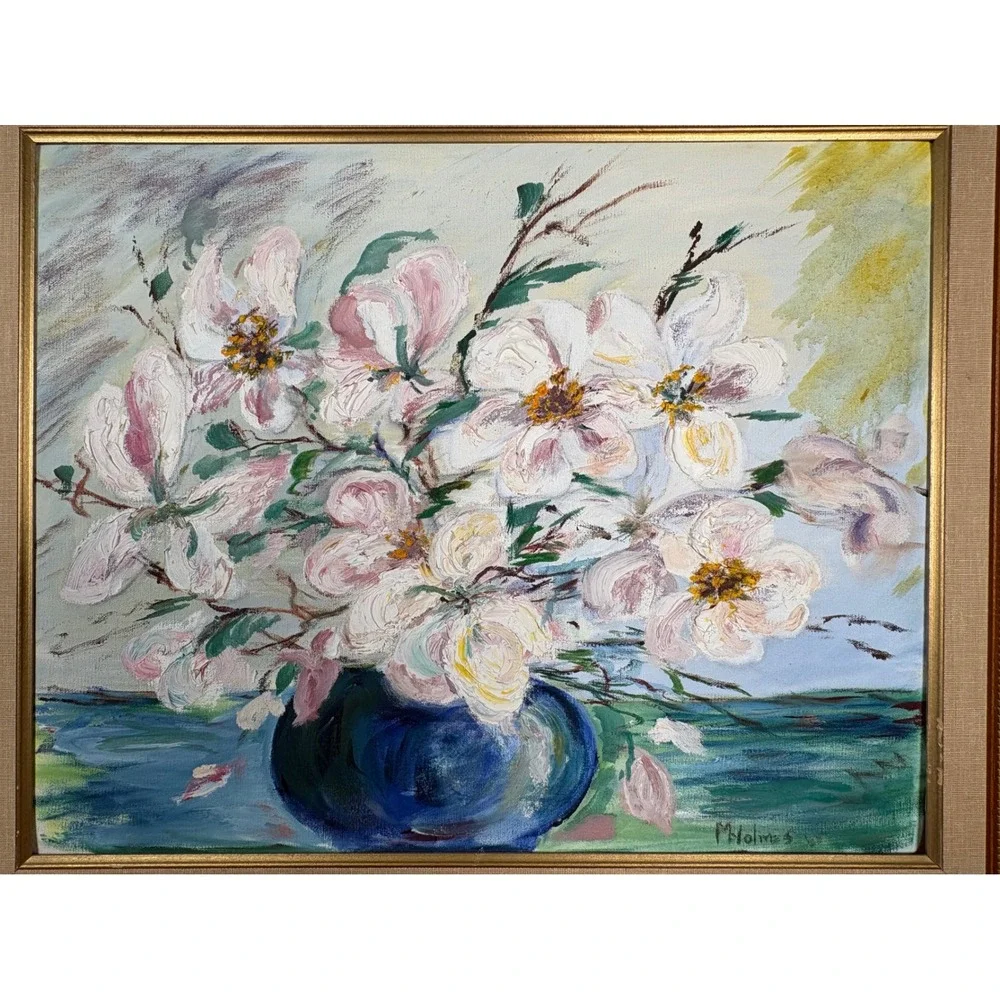 Vintage‎ M Holmes Signed Floral Oil Painting Impasto Flowers Blue Vase Frame